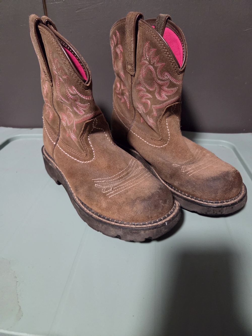 Women’s Brown Suede Western Work Boots with Pink Stitching Ariat